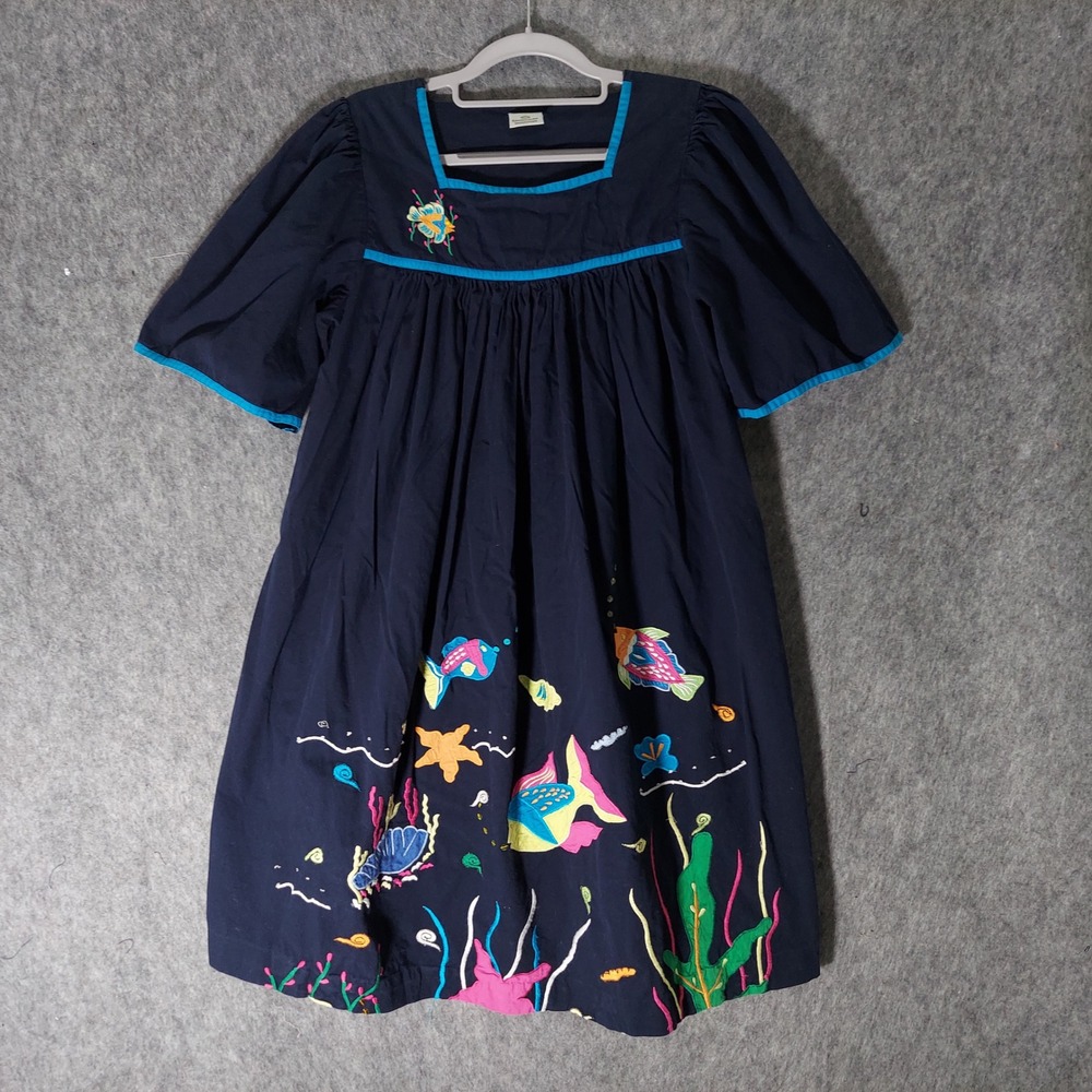 Smithsonian Cotton Muu Muu Dress L Navy Embroidered Sequin Novelty Fish Folk Art